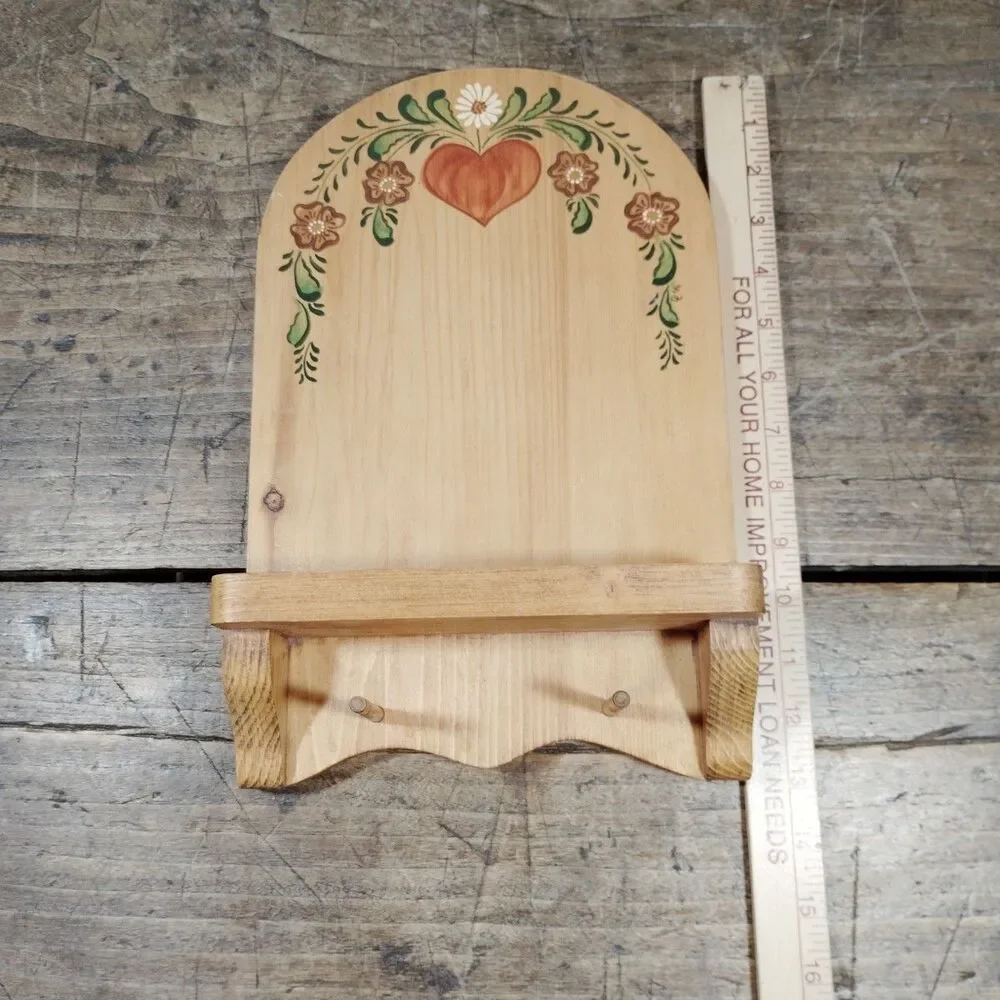 Vintage Wood Cottage Heart Shelf Pegs Grannycore Floral Painted Hanging Folk Art